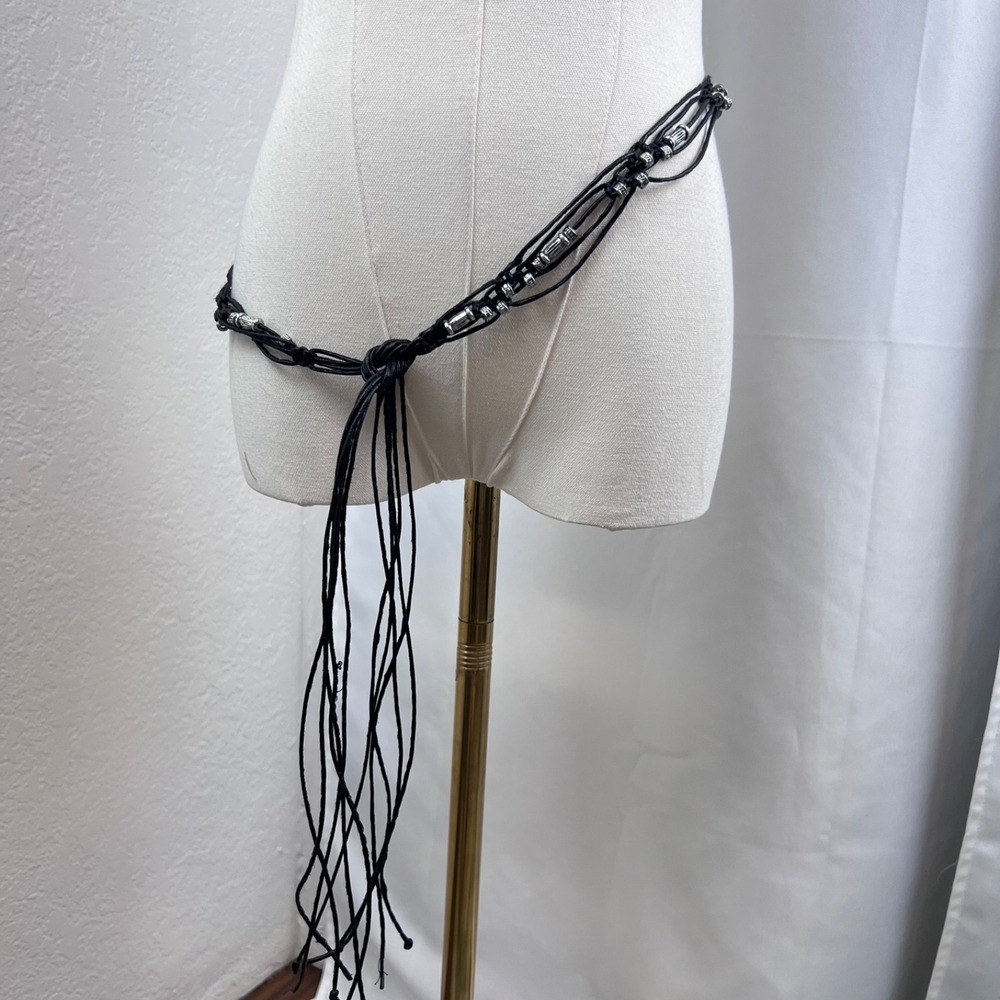 Vintage Y2K Black Multi Strand Cord Belt Silver Beaded Tie Waist Boho Goth Edgy